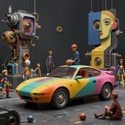 a matte painting of a colorful car scene from the future with inhabitants, cyber - steampunk, highly detailed, in the style of greg rutkowski and remedios varo and john chamberlain, dark moody lighting, hyper photorealism, trending on artstation, 8 k