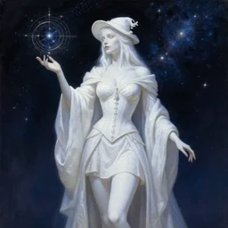 painting of alluring astromancer woman in the starry sky, white skin, long robes and short skirt, corset, small hat, astronomy, high fantasy, dnd, sharp focus, award - winning, masterpiece, highly detailed, intricate. art by rebecca guay