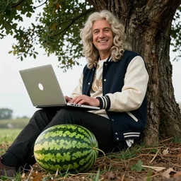 smiling isaac newton sitting under a tree on a hill holding a macbook - pro and wearing a vintage varsity jacket, a big crushed watermelon is lying on the ground next to him, fashion photography, selfie photo