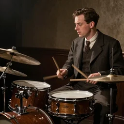 1940's musician playing drums, photorealistic art, hd, 8k, cinematic lighting, intricate details, high definition