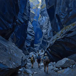 a party of adventurers exploring a claustrophobic dark blue canyon of stone, oil painting, greg rutkowski