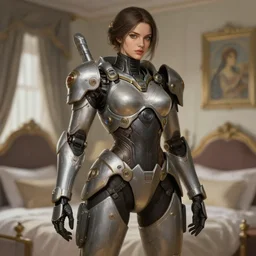 woman model, combat mech clothes, in a bedroom!!!!!!!!!!!!!!!!!!!!, intricate clothes, elegant, highly detailed, digital painting, artstation, concept art, smooth, sharp focus, illustration, art by krenz cushart and artem demura and alphonse mucha