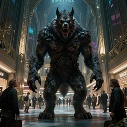 in the style of artgerm, rembrandt, rafael albuquerque, boris vallejo, large hairy werewolf in a shopping mall at night, moody lighting, art deco, horror scary terror
