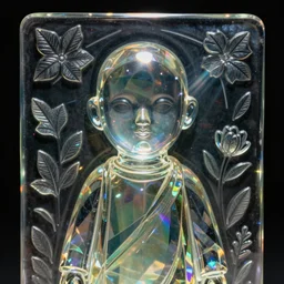 close up portrait of Itusotq the prismatic glass figurine, in empty space, embossed panel with leaves and flowers, carefully crafted, refracting light, caustics, light rays beaming through, epic 8k, Zeiss 75mm