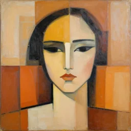 abstract art with color rectangles and female face, beautiful color composition, warm colors, black details,