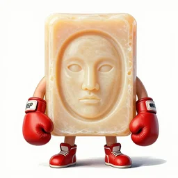 soap bar with face and arms and legs wearing boxing gloves, detailed, illustration, by wlop and krenz cushart