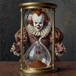 michal karcz painting of pennywise trapped in an hourglass. , horror theme, detailed, elegant, intricate, 4k,