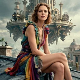 movie closeup a beautiful colorful fashion icon woman is sitting on the top of a roof. beautiful natural skin, the amazing floating neoclassical city, fantasy, steampunk, intricate, amazing composition, gloomy by emmanuel lubezki
