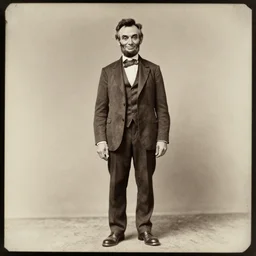 Abraham Lincoln !!happy and !!grinning, smiling, portrait, full body, symmetrical features, silver iodide, 1880 photograph, sepia tone, aged paper, Sergio Leone, Master Prime lenses, cinematic