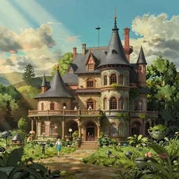 a beautiful hyperrealistic detailed miniature diorama of a magical mansion from studio ghibli, by jordan grimmer and hayao miyazaki and adolf hira, crepuscular ray, vibrant, wide angle, epic, dappled sunlight, vast, trending on artstation, cgsociety, intricate, atmospheric lighting, unreal engine, 8 k resolution, ultrafine detail, octane render
