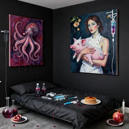 black hotel room with black walls and a futon, berry juice, dripping, a sensual portrait of a female chef holding a piglet, octopus, intravenous drip, wilted flowers, pomegranate, pancakes, berries, surgical supplies, scientific glassware, candles, neo - expressionism, surrealism, acrylic and spray paint and oilstick on canvas