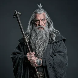 Gandalf the grey with tattoos and a mohawk, studio portrait photography, moody lighting