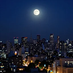 A beautiful city night scene of a bright moon shining on the lights of the city，by Terry Redlin.