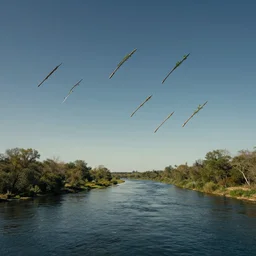 eight sprouting wands sailing through the air at high speed.. the sky is clear and the beautiful river is flowing freely, beautiful landscape, 8 wands flying through the air, beautiful artwork by steve skroce and william blake, featured on artstation, cgsociety, behance, dramatic lighting, detailed