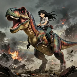 a woman riding a t - rex into a warzone, finely detailed features, perfect art, gapmoe yandere grimdark, trending on pixiv fanbox, painted by greg rutkowski makoto shinkai takashi takeuchi studio ghibli,, akihiko yoshida