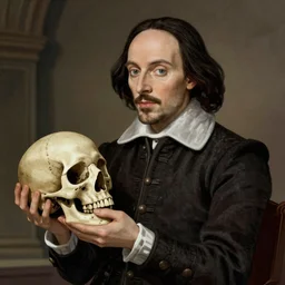 William Shakespeare as Hamlet holding Yorick\'s skull, to be or not to be, ambient lighting, 4k, anime key visual, lois van baarle, ilya kuvshinov, rossdraws, artstation