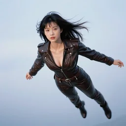 ektachrome, telephoto, highly detailed : incredibly realistic, youthful asian demure floating in the sky, exquisite features, feminine cut, photo 2 0 0 0's frontiers in flight leather suit cosplay fashion, jack cardiff, gaston bussiere