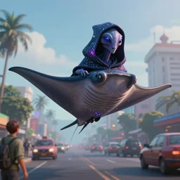 old camera footage of a hyperintelligent otherworldly manta ray alien from beyond the stars landing in the middle of a busy road, wearing an odd hooded cowl, with skin that twinkles like the stars, cgi, proper anatomy, sci fi fantasy, photorealistic, pixar, trending on artstation