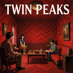Twin Peaks book cover movie poster artwork by Tomer Hanuka, Rendering of the red cheveron pattern room full of details, Michael Whelan, Patryk Hardziej,  Makoto Shinkai and thomas kinkade, by Gregory Crewdson, Matte painting, trending on artstation and unreal engine