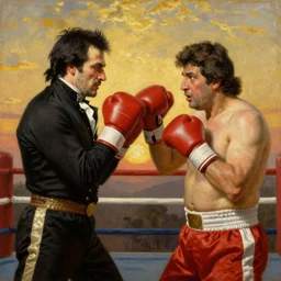 painting of simon bolivar and hugo chavez having a boxing match. art by william adolphe bouguereau. during golden hour. extremely detailed. beautiful. 4 k. award - winning.