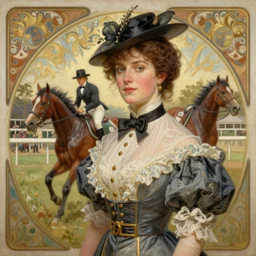 a beautiful realistic portrait painting of isabelledeltore in the victorian sydney australia at a horse racing derby, intricate, elegant, highly detailed, digital painting, artstation, concept art, by krenz cushart and artem demura and alphonse mucha
