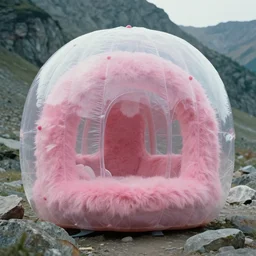 a strange huge translucent pvc inflated organic architecture building with pink fluffy fur inside by anish kapoor sits in the rock mountains, film still from the movie directed by denis villeneuve with art direction by zdzisław beksinski, close up, telephoto lens, shallow depth of field