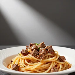 spaghetti and meat cubes