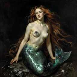 Portrait, dark sultry beautiful mermaid with long flowing hair, by j.c. Leyendecker, Brom, face by Otto Schmidt