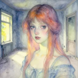 close up of a girl in a haunted liminal abandoned room, watercolor by victo ngai, by hammershøi, art noveau, highly detailed, lights by edward hopper, liminal, eerie, bright pastel colors
