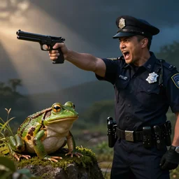 police officer screaming freeze and aiming gun at frog