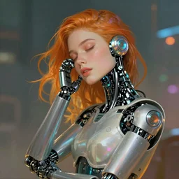 A beautiful robotic woman dreaming, cinematic lighting, soft bokeh, sci-fi, modern, colourful, highly detailed, digital painting, artstation, concept art, sharp focus, illustration, by alphonse mucha