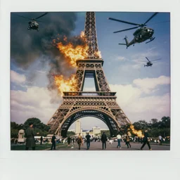 Eiffel Tower on fire and being destroyed by flames, falling, despair, people running, military helicopters flying overhead, polaroid, 60s, hyperrealism, no blur, 4k resolution, ultra detailed, style of John Berkey, Norman Rockwell, Hans Thoma, Ivan Shishkin, Tyler Edlin, Thomas Kinkade
