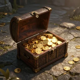 stone floor, opened chest full of gold, dnd fantasy digital art, high detail, realistic