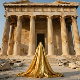 a radiant, extreme long shot, photography of a person being chosen by the capricorn gold cloth inside the old temple of athena greece, 4 k high resolution, detailed picture, photoshopped, award winning photo, deep depth of field, f / 2 2, 3 5 mm make all elements sharp, at golden hour, light academia aesthetic, by gregory crewdson