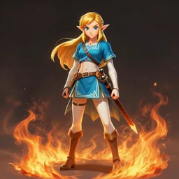 zelda, full body photo, flames everywhere, highly detailed, digital painting, artstation, concept art, smooth, sharp focus, illustration, art by artgerm and greg rutkowski and alphonse mucha