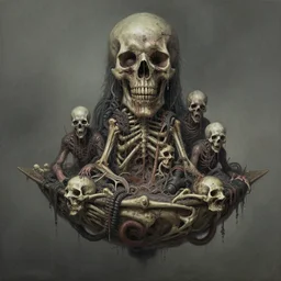 airbrush & oils of 4 character, tiered disgusting, floating sewer raft, made of bones, dystopian, by wayne d barlowe, h r giger, simon bisley, alex nino, boris vallejo, enric torres, hyper realism, narrative light, muted colors, epic, hyper detailed, awe inspiring, award winning horror,