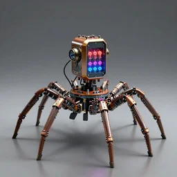 nixie tube robot with robot spider legs, ornate, hyper realism, reflections, intricate, realistic, digital art, detailed, studio shot, unreal engine 5, octane, high definition, artstation, concept art, behance
