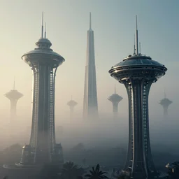 early morning, glass spaceship, tall structures, fog, bladerunner 2049, artstation, Syd Mead
