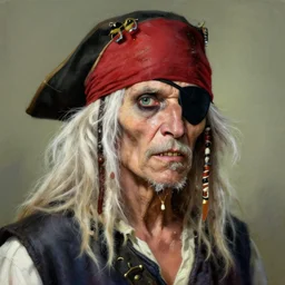 portrait of a white hair old skinny pirate with long white dreadlock hair, crooked teeth, wearing a red headband and black hat, one eyepatch very detailed painting featured in artstation, concept art by Greg Rutkowski, WLOP, Dan Mumford, Christophe Vacher