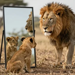 A lion cub looking at a mirror and seeing an adult male lion in it.