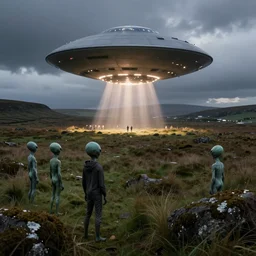Irish field with a ufo landed, aliens observing