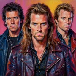 apocalyptic scifi orcish biker character posing for a professional photo, psychedelic vibrant colors, futuristic punk rock fashion, highly detailed oil painting by michael whelan art, perfect face, sharp focus, detailed eyes, realistic, long hair, leather jacket, 8 0 s hairstyle, 8 k, willem dafoe, danny trejo, keifer sutherland