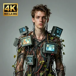 hyperrealist portrait of elijah zu bailey, it is decorated with long wires that fall like vines and wears small computers over their body. by jeremy mann and alphonse mucha, fantasy art, photo realistic, dynamic lighting, artstation, volumetric lighting, very detailed faces, 4 k, award winning