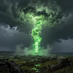 alien landscape with green thunders