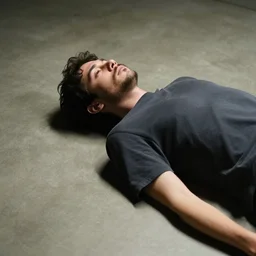 an up close photo of a man laying on a smooth concrete floor at night by wlop