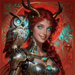 the goddess artemis smirking, mechanical owl perched on shoulder, steampunk, glowing eyes, volumetric lights, red and cyan theme, art nouveau botanicals, intricate, highly detailed, digital painting, artstation, concept art, smooth, sharp focus, cinematic, illustration, beautiful face, art by artgerm and greg rutkowski and alphonse mucha