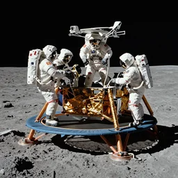 Apollo Astronauts unloading a trampoline from the lunar lander