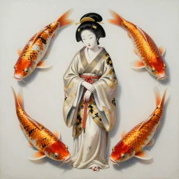 hyper realistic painting of koi fish and geisha, in the style of mc escher, austin osman spare, wayne barlowe, gustav moreau, goward, dali, bussiere and roberto ferri, santiago caruso, bouguereau, klimt, saturno butto, sorayama. occult art, alchemical diagram