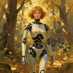 a beautiful illustration of a female robot in the forest, autumn, golden hour, alphonse mucha, moebius, cinematic