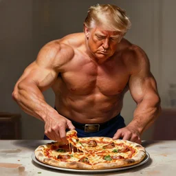 donald trump making a pizza, amazing, muscular, fit, very muscular male body, intricate, highly detailed, digital painting, artstation, concept art, sharp focus, illustration, art by greg rutkowski and alphonse mucha